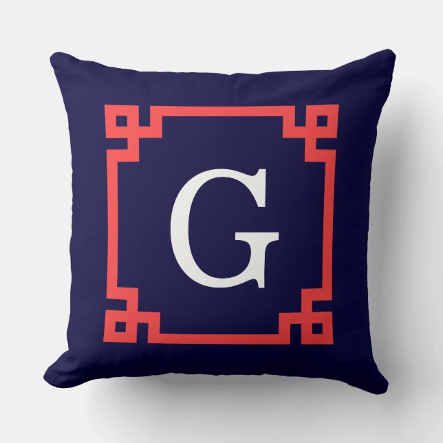 Navy, Coral Red Greek Key Frame #2 Init Monogram Cushion (Front)