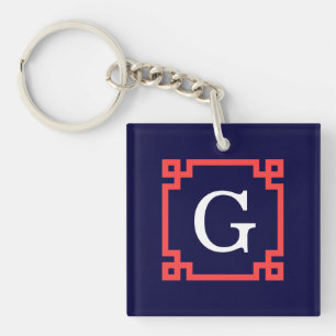 Navy, Coral Red Greek Key Frame #2 Init Monogram Key Ring