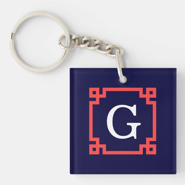Navy, Coral Red Greek Key Frame #2 Init Monogram Key Ring (Front)