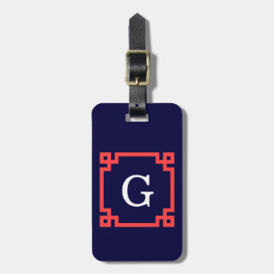 Navy, Coral Red Greek Key Frame #2 Init Monogram Luggage Tag