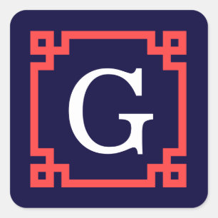 Navy, Coral Red Greek Key Frame #2 Init Monogram Square Sticker