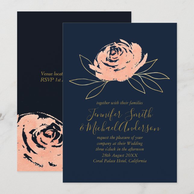 Navy Coral Rose Gold Wedding Invitation (Front/Back)