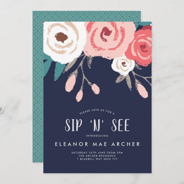 Navy & Coral Sip and See Floral Invitation (Front/Back)