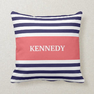 Navy Coral Stripes Monogram Cushion