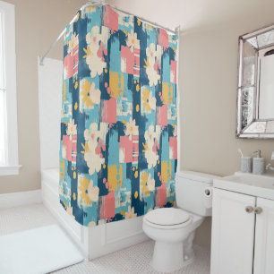 Navy Coral Turquoise Colour Block Floral Shower Curtain