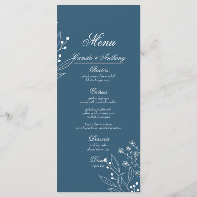 Navy Corner Floral Boho Wedding Menu (Front)