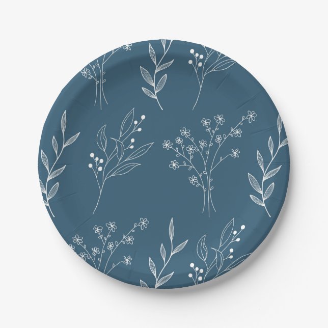 Navy Corner Floral Boho Wedding Paper Plate (Front)