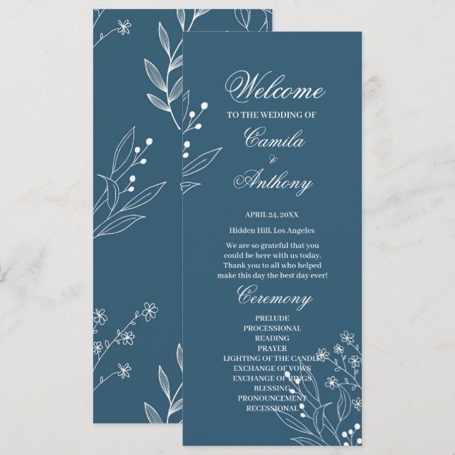 Navy Corner Floral Boho Wedding Programme (Front/Back)