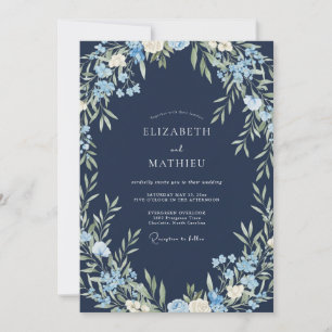 Navy Cornflower Foliage Eucalyptus Wedding Invitation