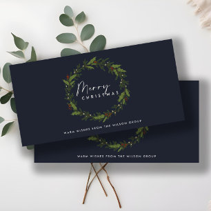 NAVY CORPORATE MODERN HOLLY BERRY WREATH CHRISTMAS HOLIDAY CARD