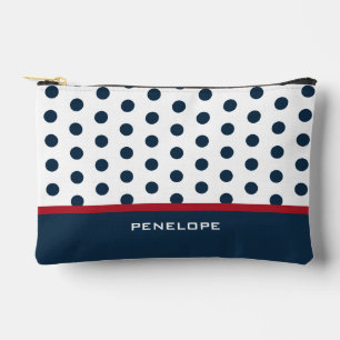 Navy Cosmetics Bag with Polka Dots, Stripes, Name