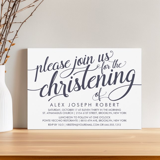 Navy & Cream Calligraphy Christening Invitations (Creator Uploaded)