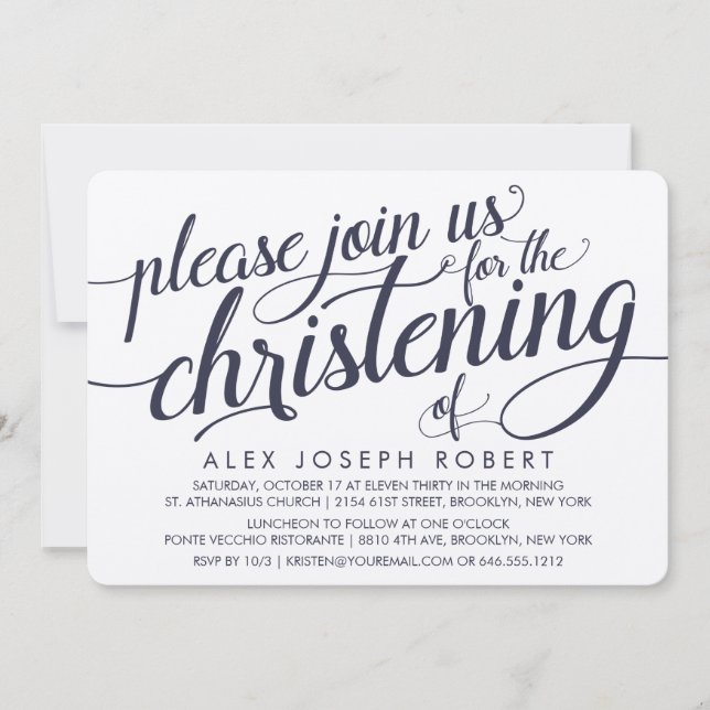 Navy & Cream Calligraphy Christening Invitations (Front)