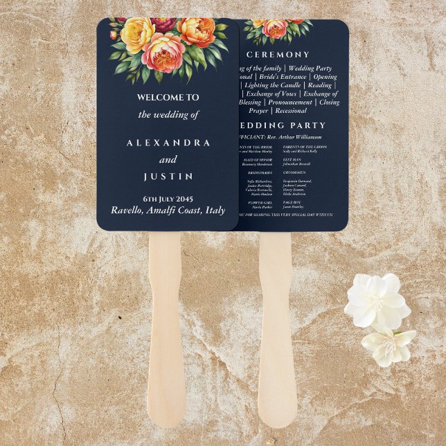 Navy Cream Ceremony Floral Wedding Program  Hand Fan (Creator Uploaded)