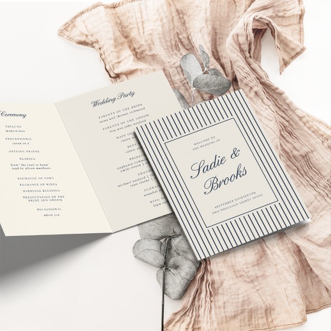 Navy & Cream Classic Script Pinstripe Wedding Programme (Creator Uploaded)