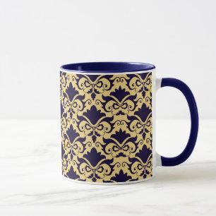 Navy Cream Damask Bows Mug