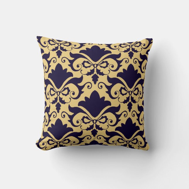 Navy Cream Damask Bows Reversible Cushion (Front)
