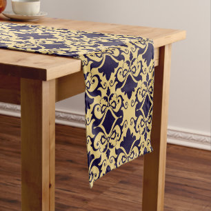 Navy Cream Damask Bows Short Table Runner