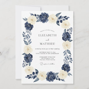 Navy Cream Elegant Floral Wedding Invitation