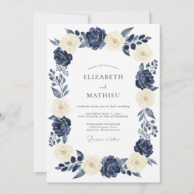 Navy Cream Elegant Floral Wedding Invitation (Front)