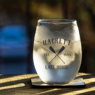 Navy & Cream Family Name Lake House Oars Stemless Wine Glass