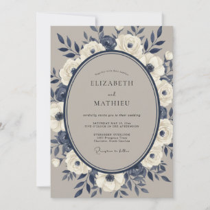 Navy Cream Floral Romance Wedding Invitation