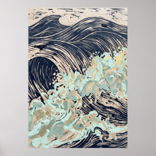 Navy Cream Ocean Wave Poster
