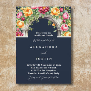 Navy Cream Peony Roses Floral Arch Wedding Invitation