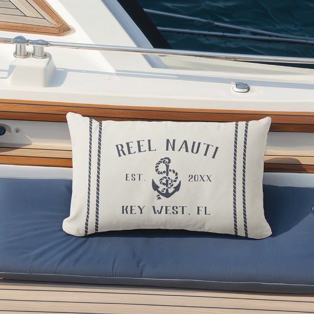 Navy & Cream Personalised Boat Name Anchor Lumbar Cushion (Creator Uploaded)