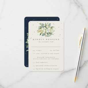 Navy/Cream Snowberry+Eucalyptus Bouquet Wedding RSVP Card