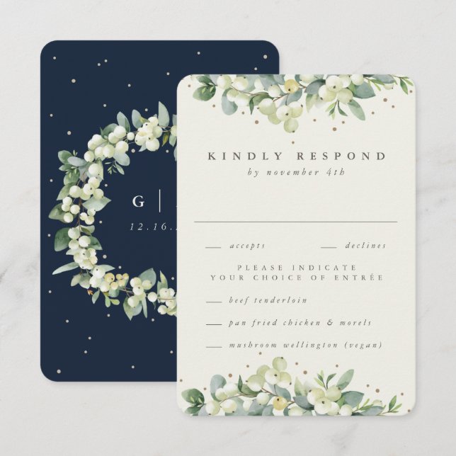 Navy/Cream Snowberry+Eucalyptus Edged Wedding RSVP Card (Front/Back)