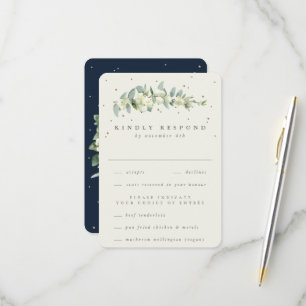 Navy/Cream Snowberry+Eucalyptus Stem Wedding RSVP Card