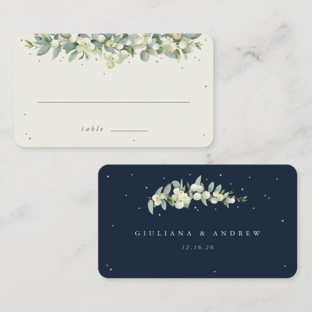 Navy/Cream Snowberry+Eucalyptus Wedding Flat Place Card (Front/Back)
