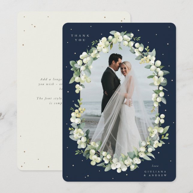 Navy/Cream Snowberry+Eucalyptus Wedding Photo Thank You Card (Front/Back)