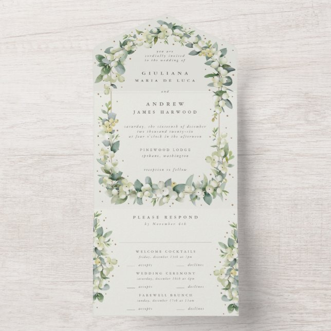 Navy/Cream Snowberry+Eucalyptus Winter Wedding All In One Invitation (Inside)