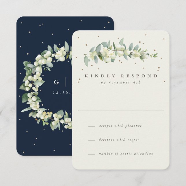 Navy/Cream Snowberry+Eucalyptus Winter Wedding RSVP Card (Front/Back)