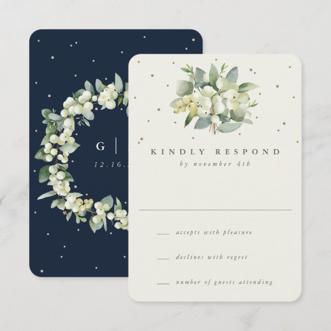Navy/Cream Snowberry+Eucalyptus Winter Wedding RSVP Card (Front/Back)