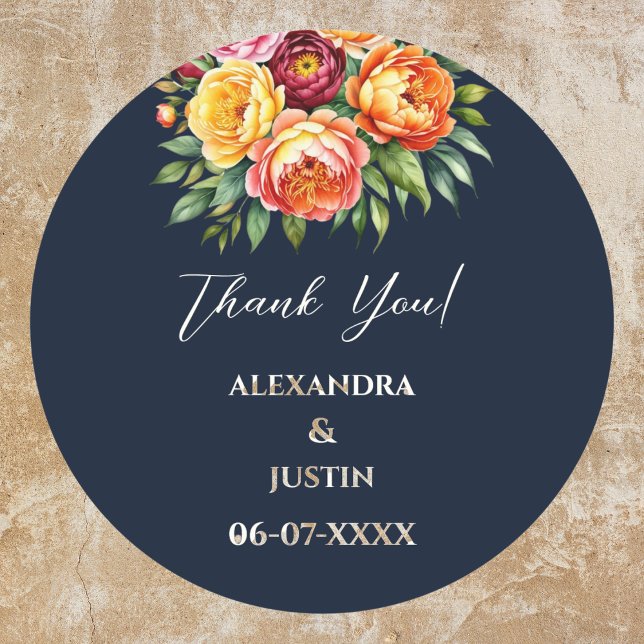 Navy Cream Summer Garden Floral Wedding Thank You Classic Round Sticker (Creator Uploaded)