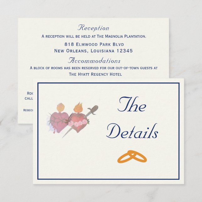 Navy & Cream Two Hearts Catholic Wedding  Enclosure Card (Front/Back)