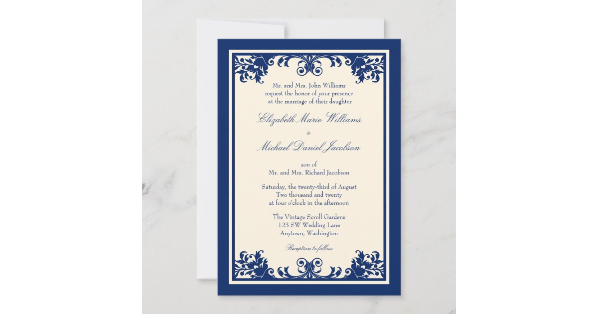 Navy Cream Vintage Flourish Scroll Wedding Invitation