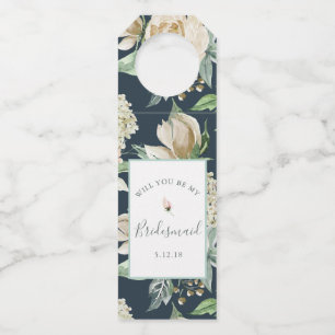 Navy & Cream Vintage Watercolor Floral Bridesmaid Bottle Tag