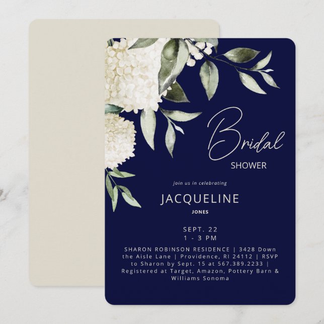  Navy & Cream White Hydrangeas Bridal Shower Invitation (Front/Back)