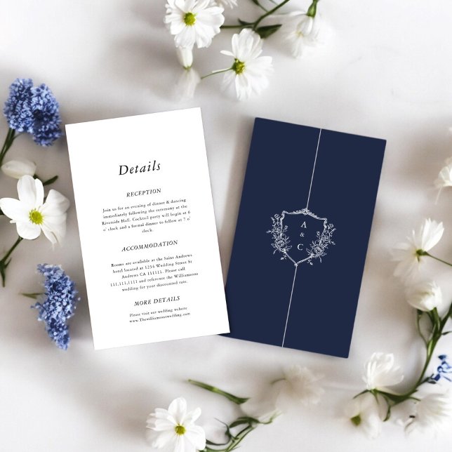 Navy crested minimal wedding Details Enclosure  Card (add all your details to this beautiful elegant deatails card with a crest )