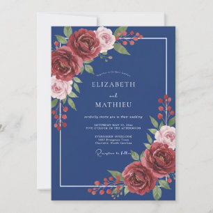 Navy Crimson Blossom Romance Wedding Invitation