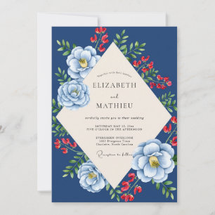 Navy Crimson Blossom Wedding Invitation