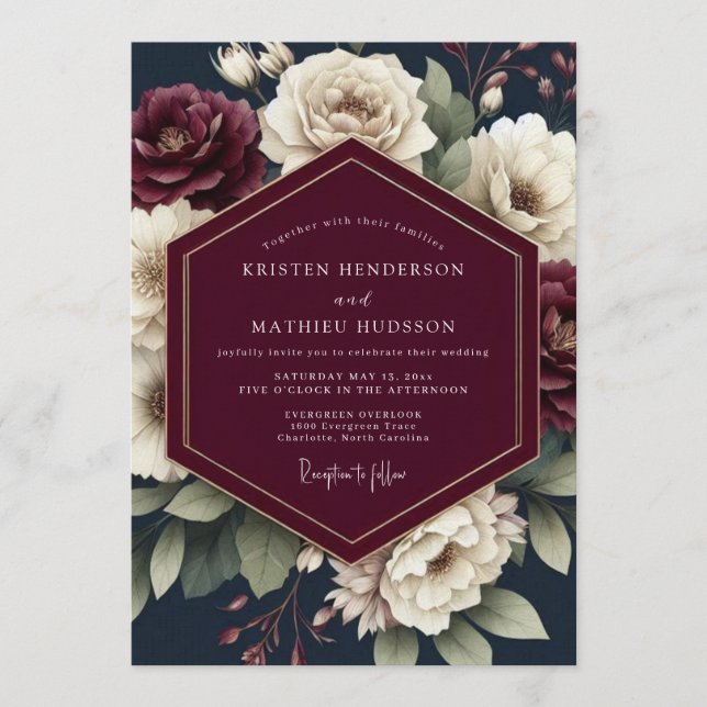 Navy & Crimson Moody Bloom Wedding Invitation (Front)