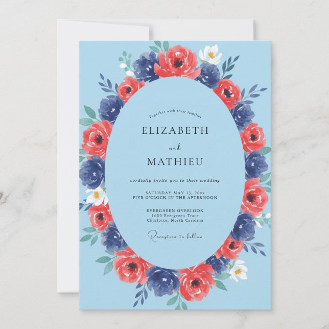 Navy Crimson Petal Wedding Invitation (Front)