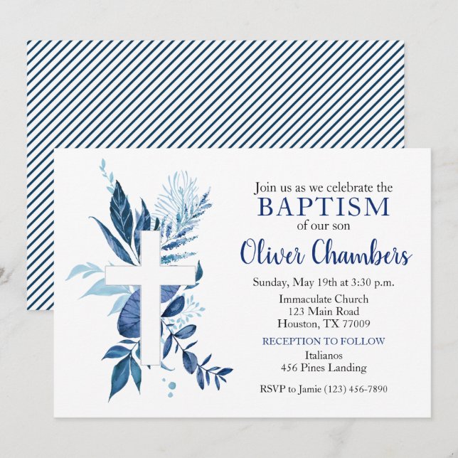 Navy Cross Rustic Boy Baptism Invitation (Front/Back)