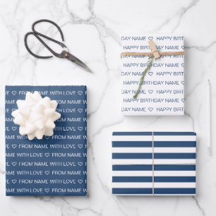 Navy Custom Happy Birthday With Love  Wrapping Paper Sheet