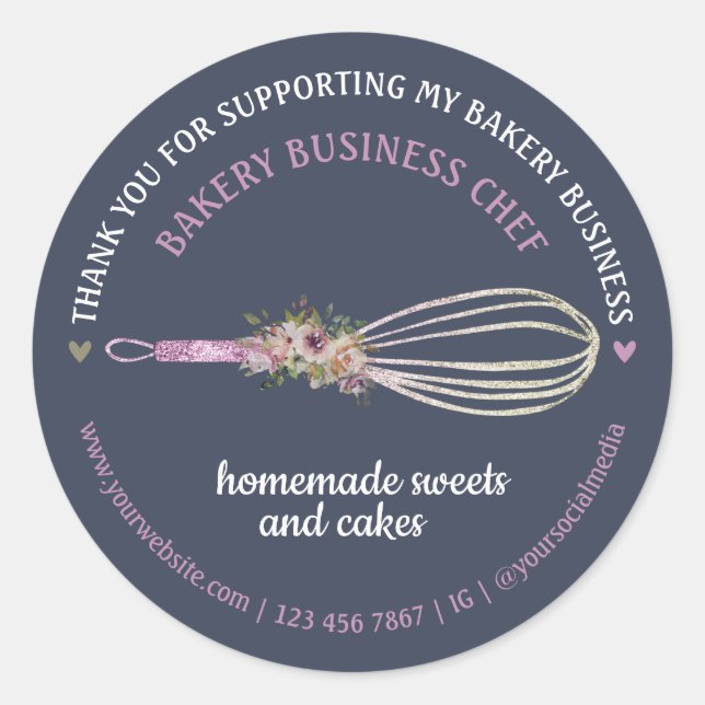 Navy Cute Caterer Bakery Chef Glitter Whisk Flower Classic Round Sticker (Front)